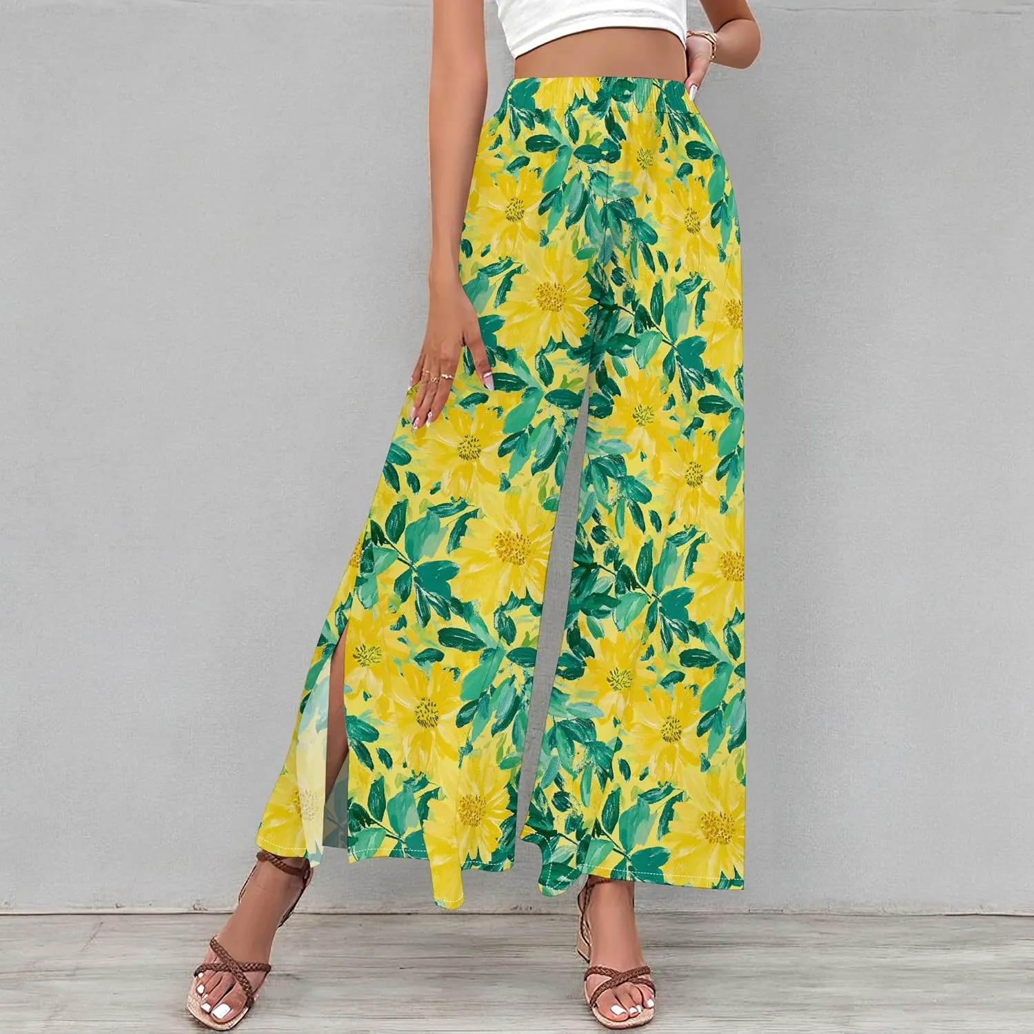 Floral Wide Leg Pants Women Elastic Waist Summer Beach Pant Side Slit Flowy Boho Trouser Tropical Lounge Baggy Jogger