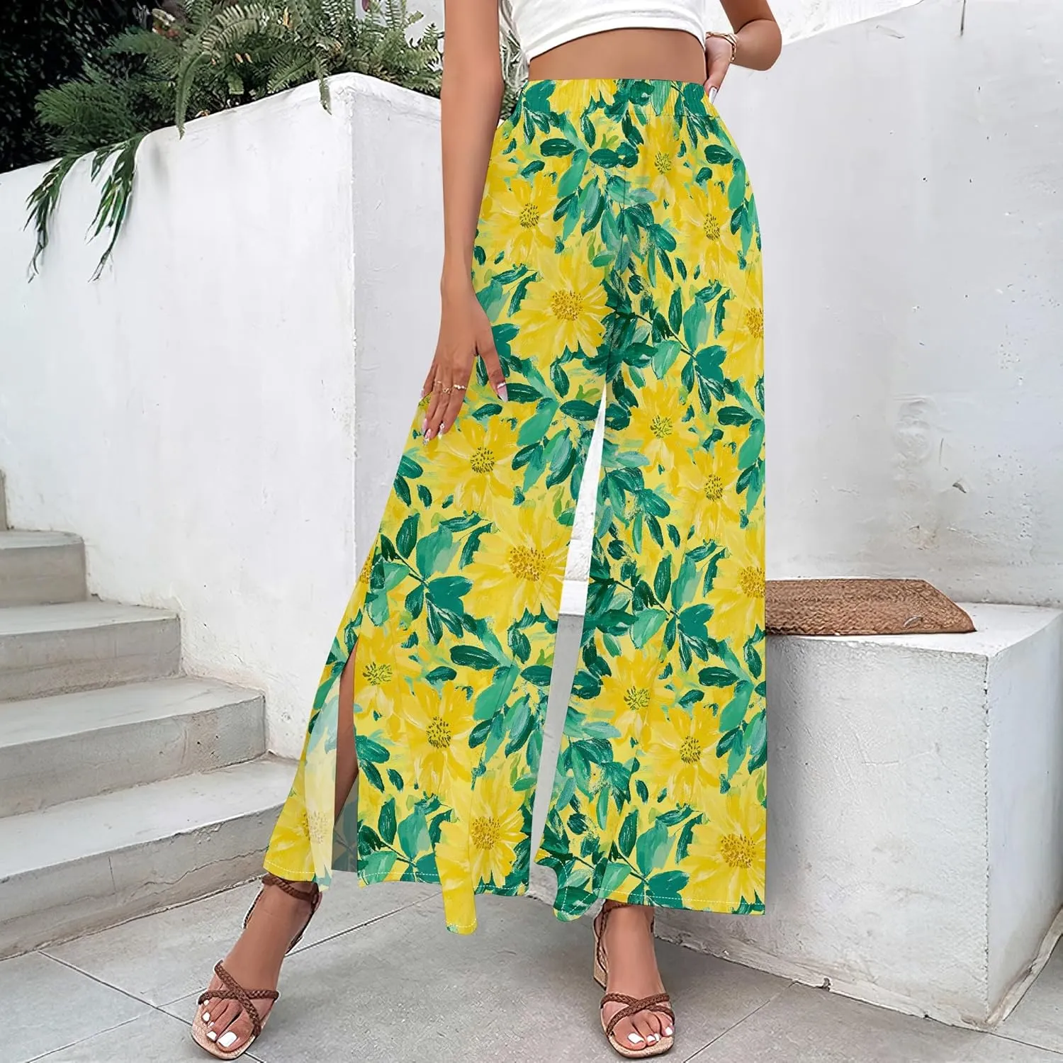 Floral Wide Leg Pants Women Elastic Waist Summer Beach Pant Side Slit Flowy Boho Trouser Tropical Lounge Baggy Jogger