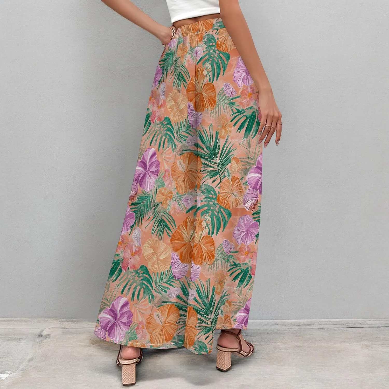 Floral Wide Leg Pants Women Elastic Waist Summer Beach Pant Side Slit Flowy Boho Trouser Tropical Lounge Baggy Jogger