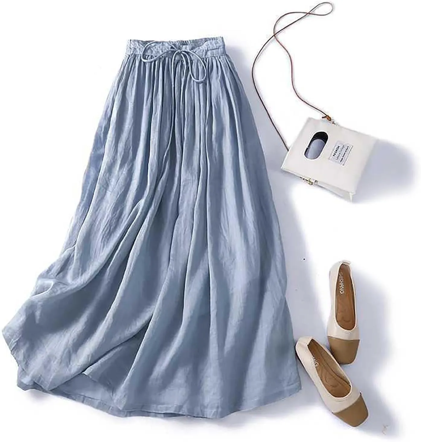 Flowy Cotton Linen Skirt for Women High Waist Drawstring Maxi Skirts Lightweight Casual Boho Skirt Clothes