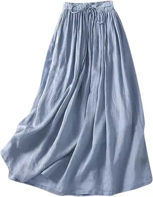 Flowy Cotton Linen Skirt for Women High Waist Drawstring Maxi Skirts Lightweight Casual Boho Skirt Clothes