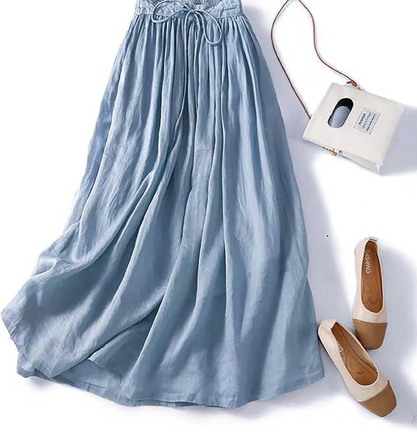 Flowy Cotton Linen Skirt for Women High Waist Drawstring Maxi Skirts Lightweight Casual Boho Skirt Clothes