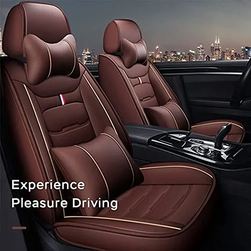 Front & Rear Seat Covers with Headrest Backrest Cushions for Chevy Chevrolet Bolt EV EUV Car Seat Cover Luxury PU Leather Comfortable Wear Resistant Brown