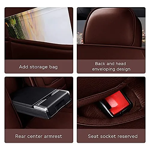 Front & Rear Seat Covers with Headrest Backrest Cushions for Chevy Chevrolet Bolt EV EUV Car Seat Cover Luxury PU Leather Comfortable Wear Resistant Brown