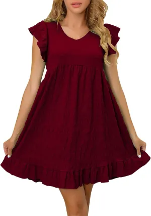 FZYLQY Womens Summer Dresses 2025 Cute Ruffle Cap Sleeve V-Neck Flowy Swing Mini Dress Loose Pleated Mini Babydoll Dress