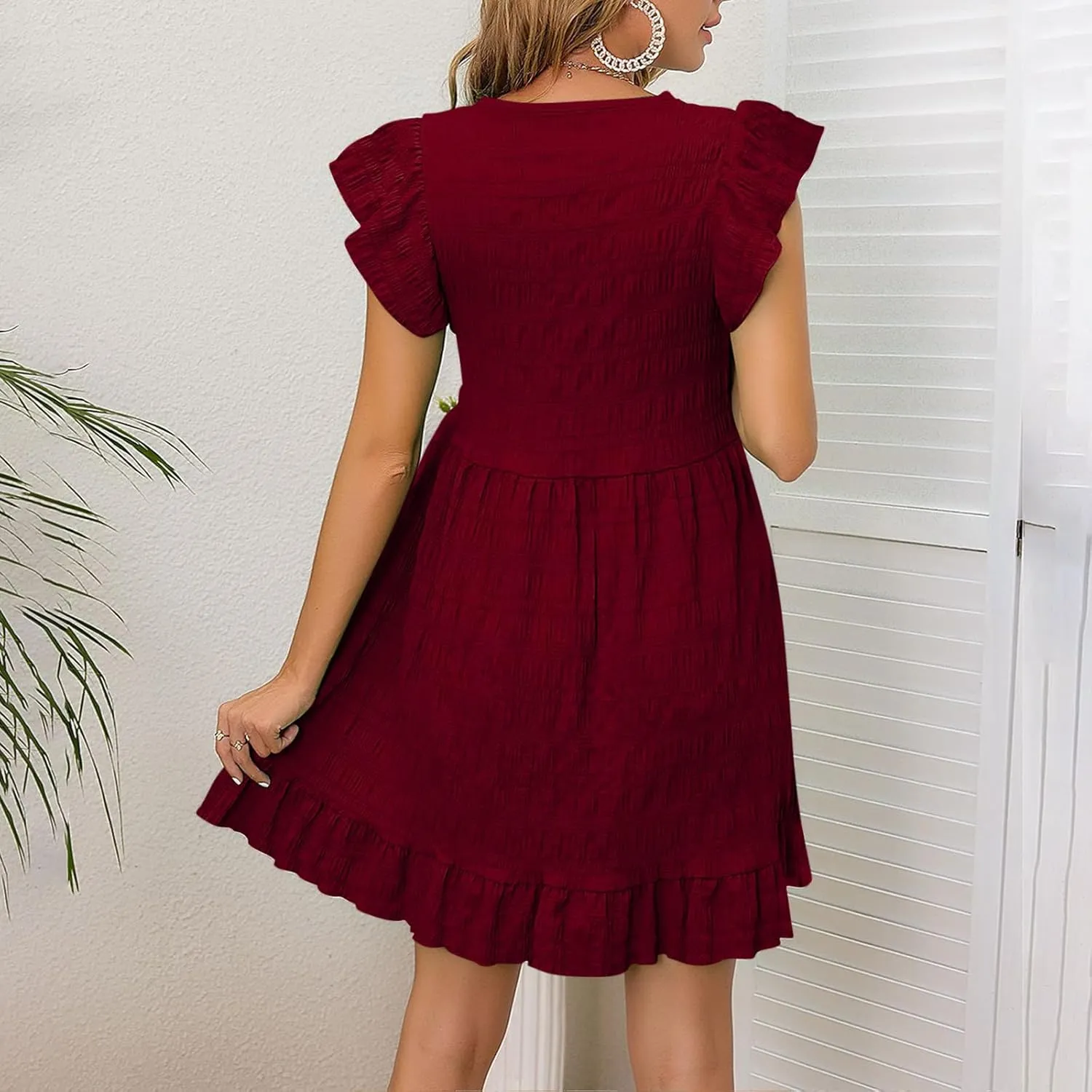 FZYLQY Womens Summer Dresses 2025 Cute Ruffle Cap Sleeve V-Neck Flowy Swing Mini Dress Loose Pleated Mini Babydoll Dress