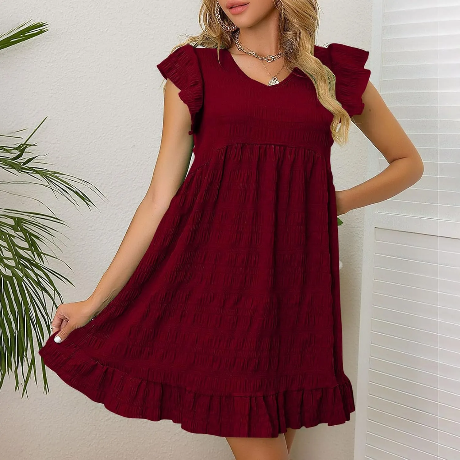 FZYLQY Womens Summer Dresses 2025 Cute Ruffle Cap Sleeve V-Neck Flowy Swing Mini Dress Loose Pleated Mini Babydoll Dress
