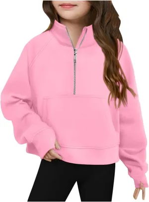 Girls Half Zip Oversized Hoodies Casual Long Sleeve Pullover Shirts with Big Pockets Teen Girls Preppy Clothes
