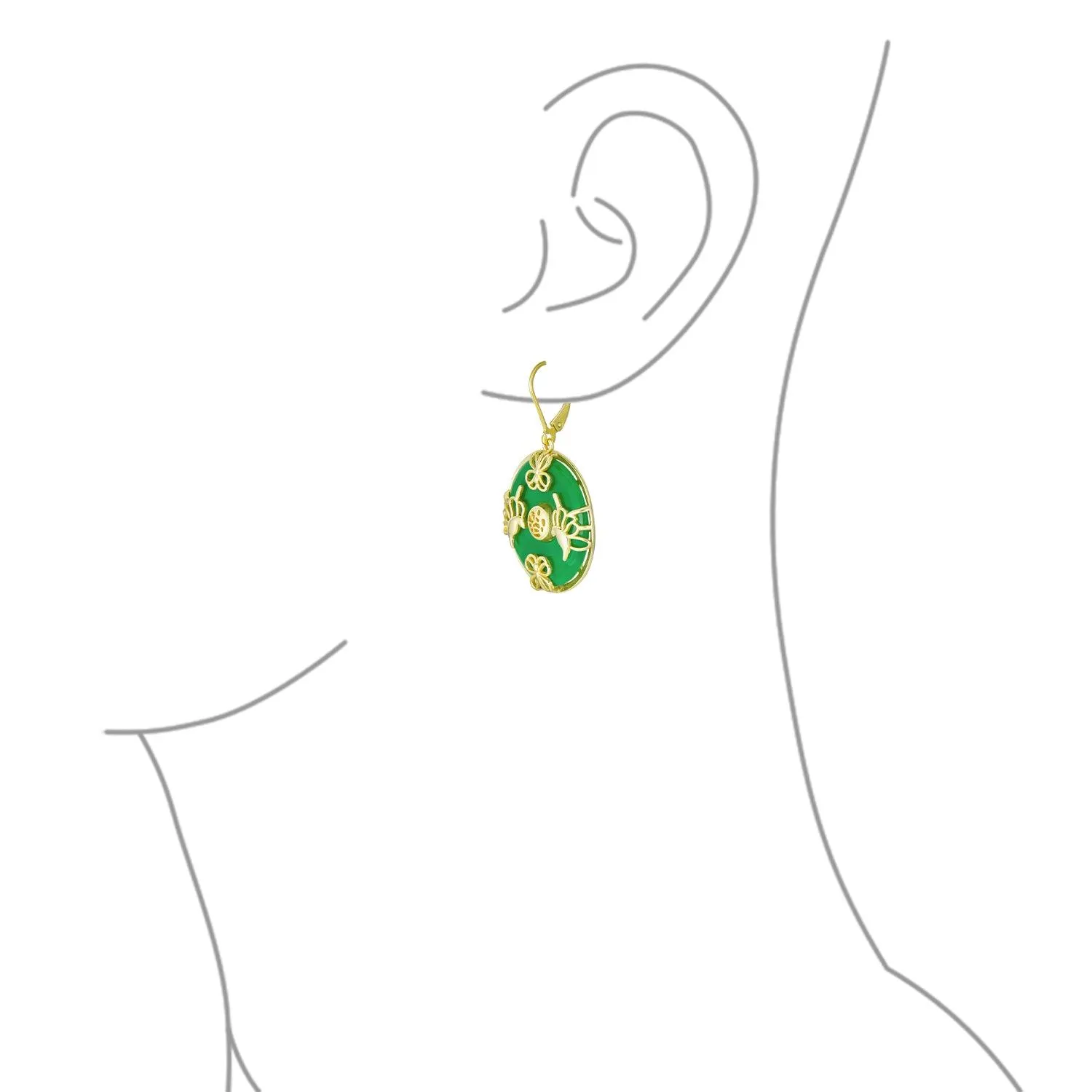 Good Fortune Circle Butterfly Green Jade Drop Earrings Gold Plated