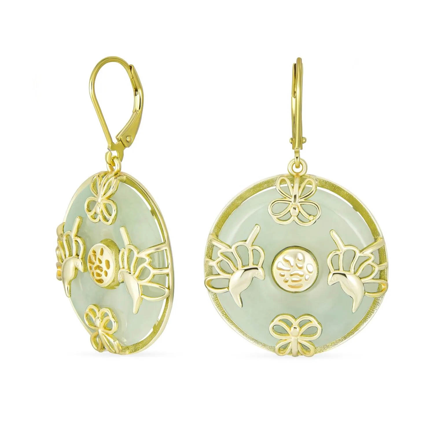Good Fortune Circle Butterfly Green Jade Drop Earrings Gold Plated