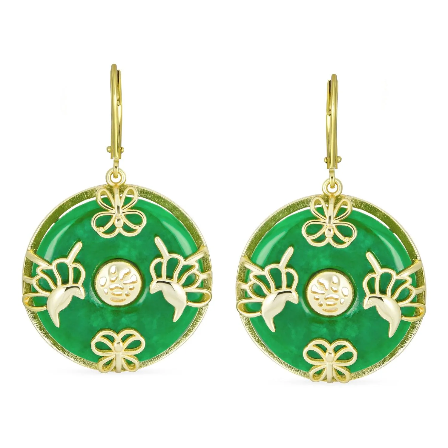 Good Fortune Circle Butterfly Green Jade Drop Earrings Gold Plated