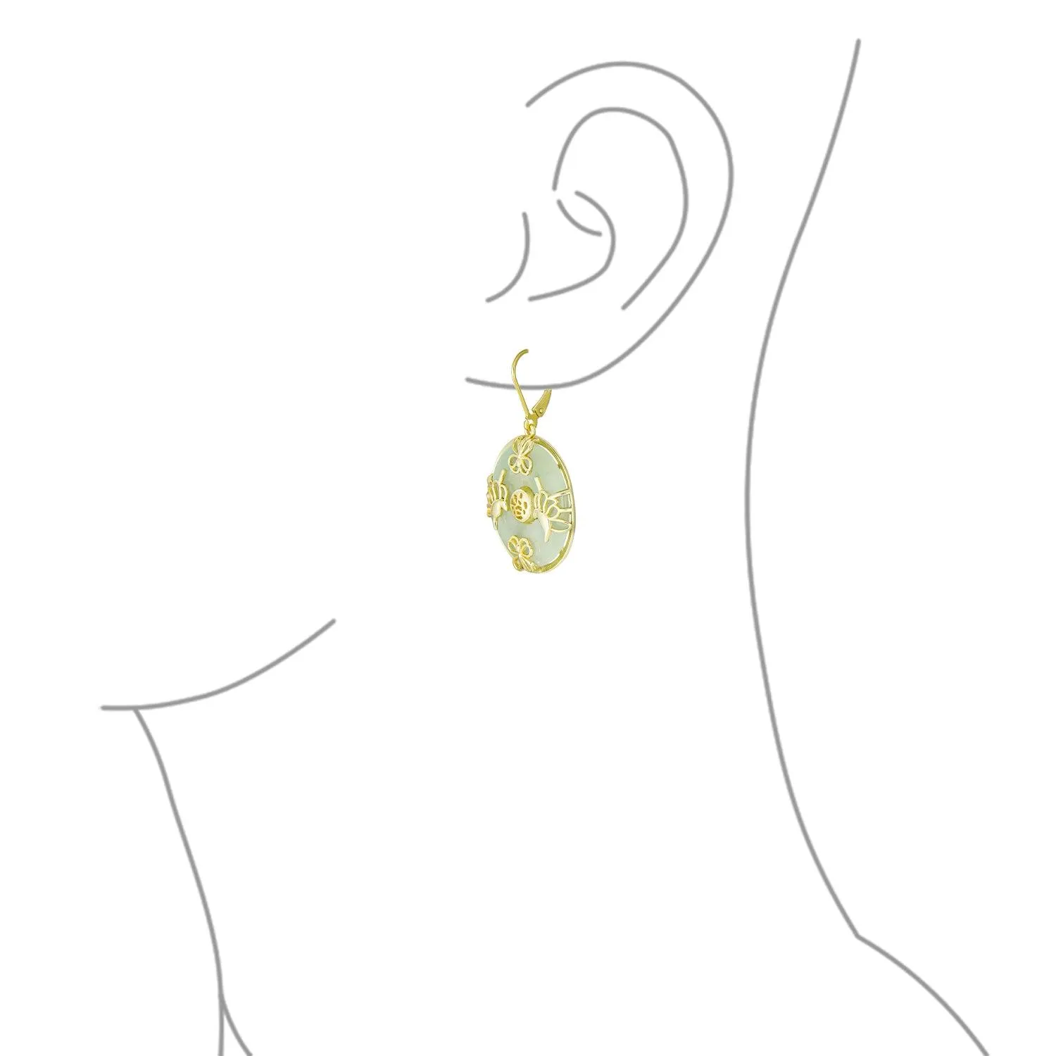 Good Fortune Circle Butterfly Green Jade Drop Earrings Gold Plated