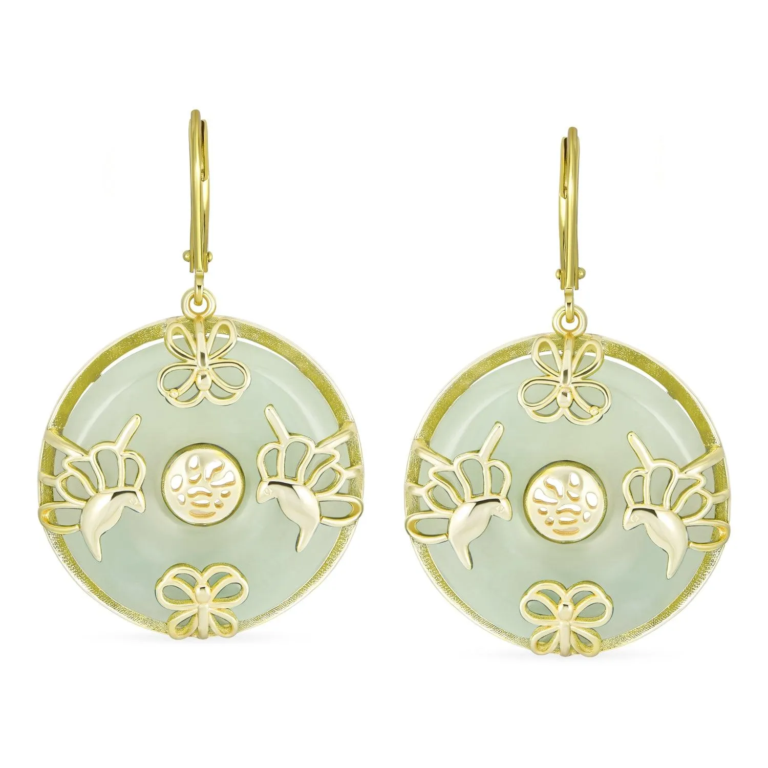Good Fortune Circle Butterfly Green Jade Drop Earrings Gold Plated