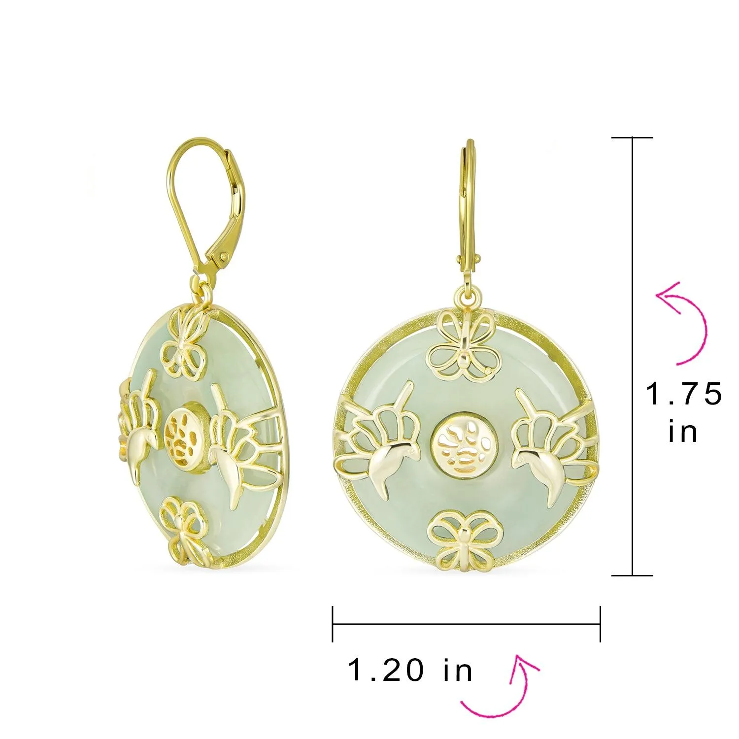 Good Fortune Circle Butterfly Green Jade Drop Earrings Gold Plated
