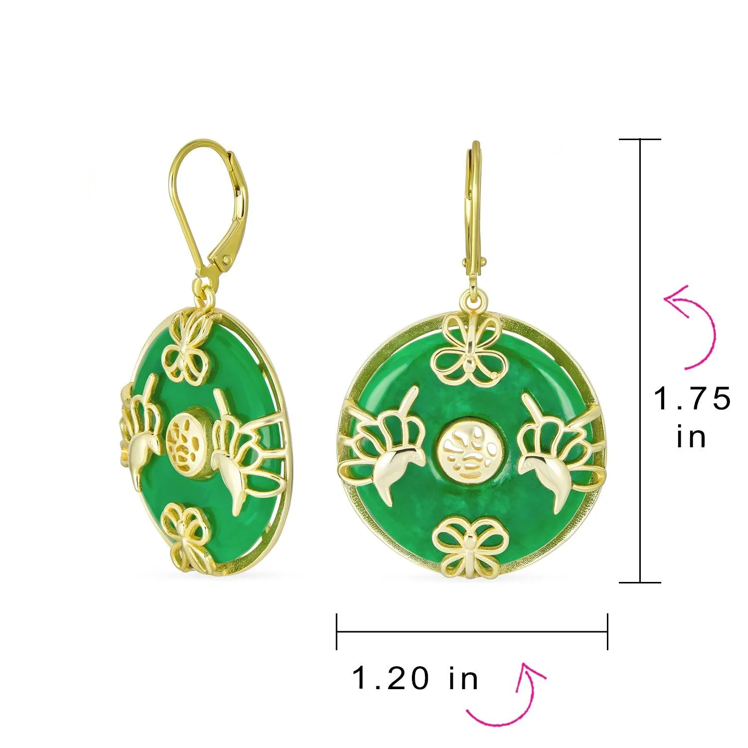 Good Fortune Circle Butterfly Green Jade Drop Earrings Gold Plated