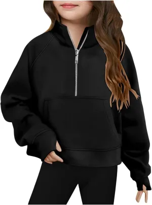 Half Zip Sweatshirt for Girls Long Sleeve Pullover Crop Tops Lightweight Fleece Spring Fall Clothes Thumb Hole