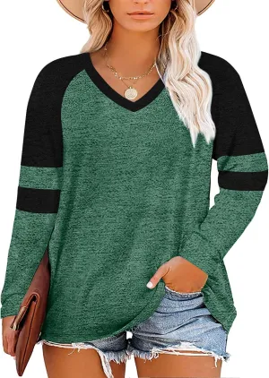 Haloumoning Women's Plus Size Tops Striped Long Sleeve V neck T Shirts Color Block Casual Tunics Tee Shirt
