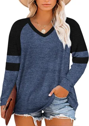 Haloumoning Women's Plus Size Tops Striped Long Sleeve V neck T Shirts Color Block Casual Tunics Tee Shirt