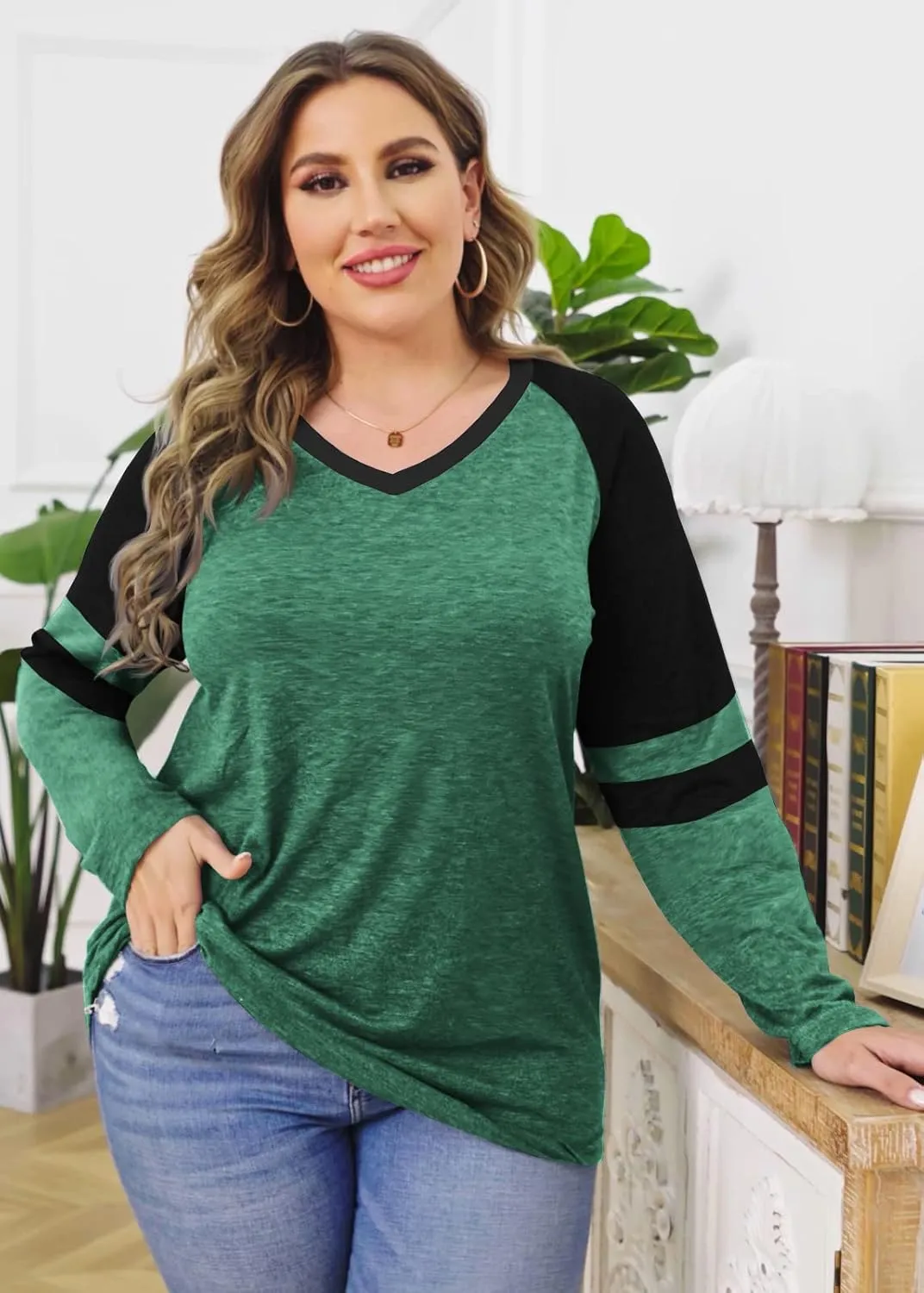 Haloumoning Women's Plus Size Tops Striped Long Sleeve V neck T Shirts Color Block Casual Tunics Tee Shirt