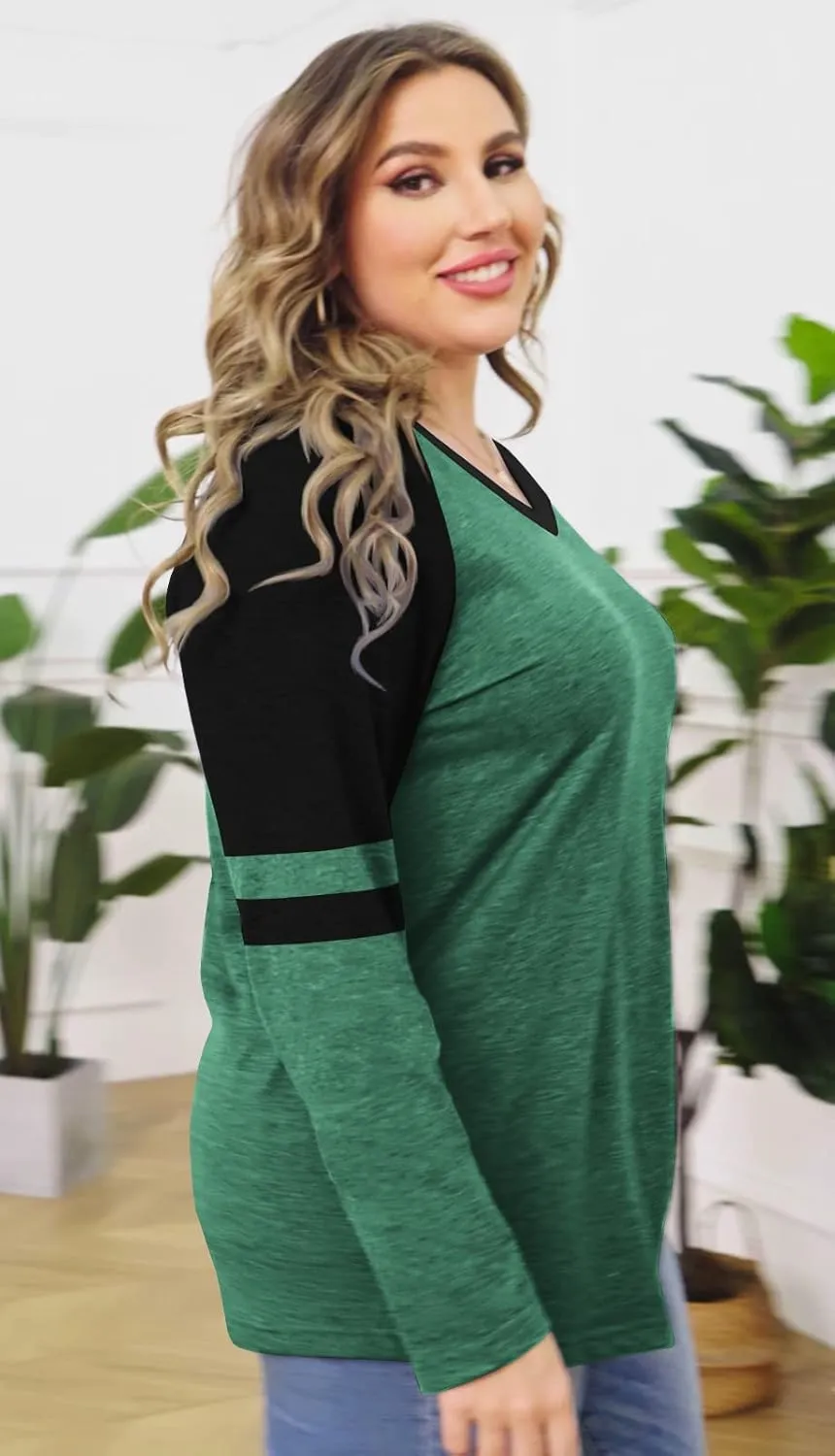 Haloumoning Women's Plus Size Tops Striped Long Sleeve V neck T Shirts Color Block Casual Tunics Tee Shirt