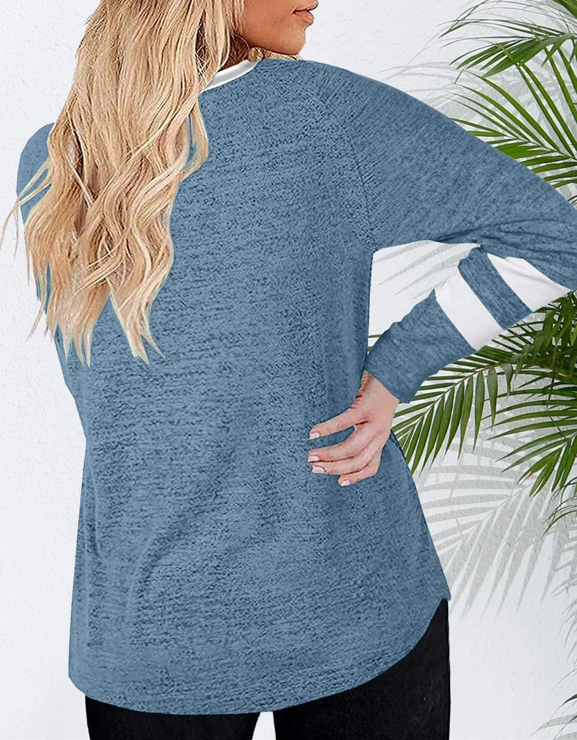 Haloumoning Women's Plus Size Tops Striped Long Sleeve V neck T Shirts Color Block Casual Tunics Tee Shirt