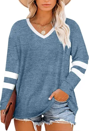 Haloumoning Women's Plus Size Tops Striped Long Sleeve V neck T Shirts Color Block Casual Tunics Tee Shirt