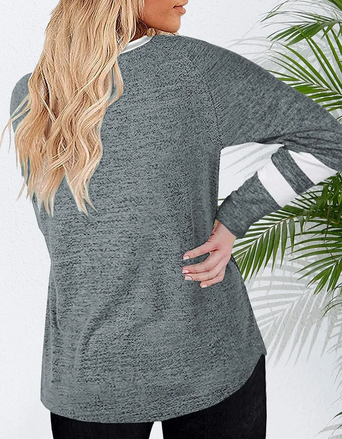 Haloumoning Women's Plus Size Tops Striped Long Sleeve V neck T Shirts Color Block Casual Tunics Tee Shirt