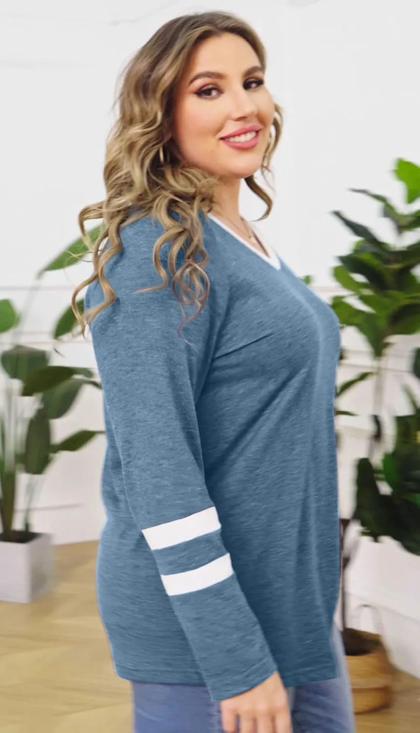 Haloumoning Women's Plus Size Tops Striped Long Sleeve V neck T Shirts Color Block Casual Tunics Tee Shirt