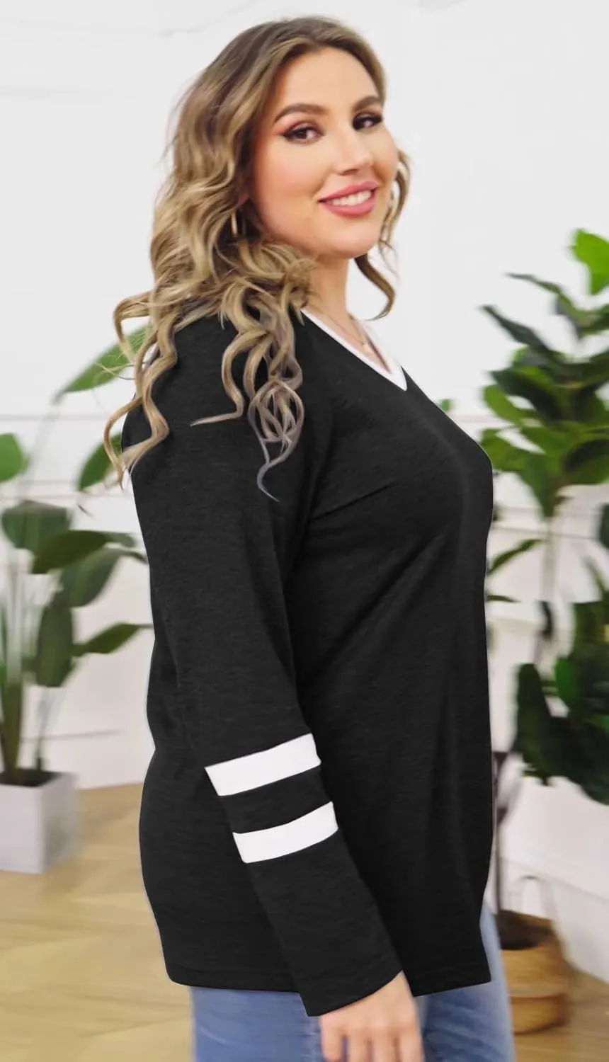 Haloumoning Women's Plus Size Tops Striped Long Sleeve V neck T Shirts Color Block Casual Tunics Tee Shirt