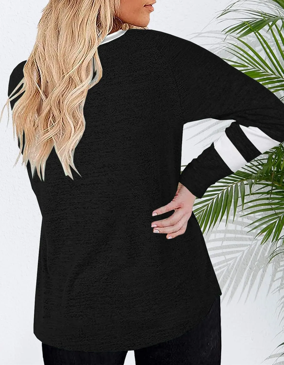 Haloumoning Women's Plus Size Tops Striped Long Sleeve V neck T Shirts Color Block Casual Tunics Tee Shirt