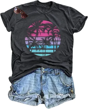 Hawaiian Shirts for Women Palm Trees Beach Graphic Tee Tops Summer Vacation Short Sleeve Tshirt Tops