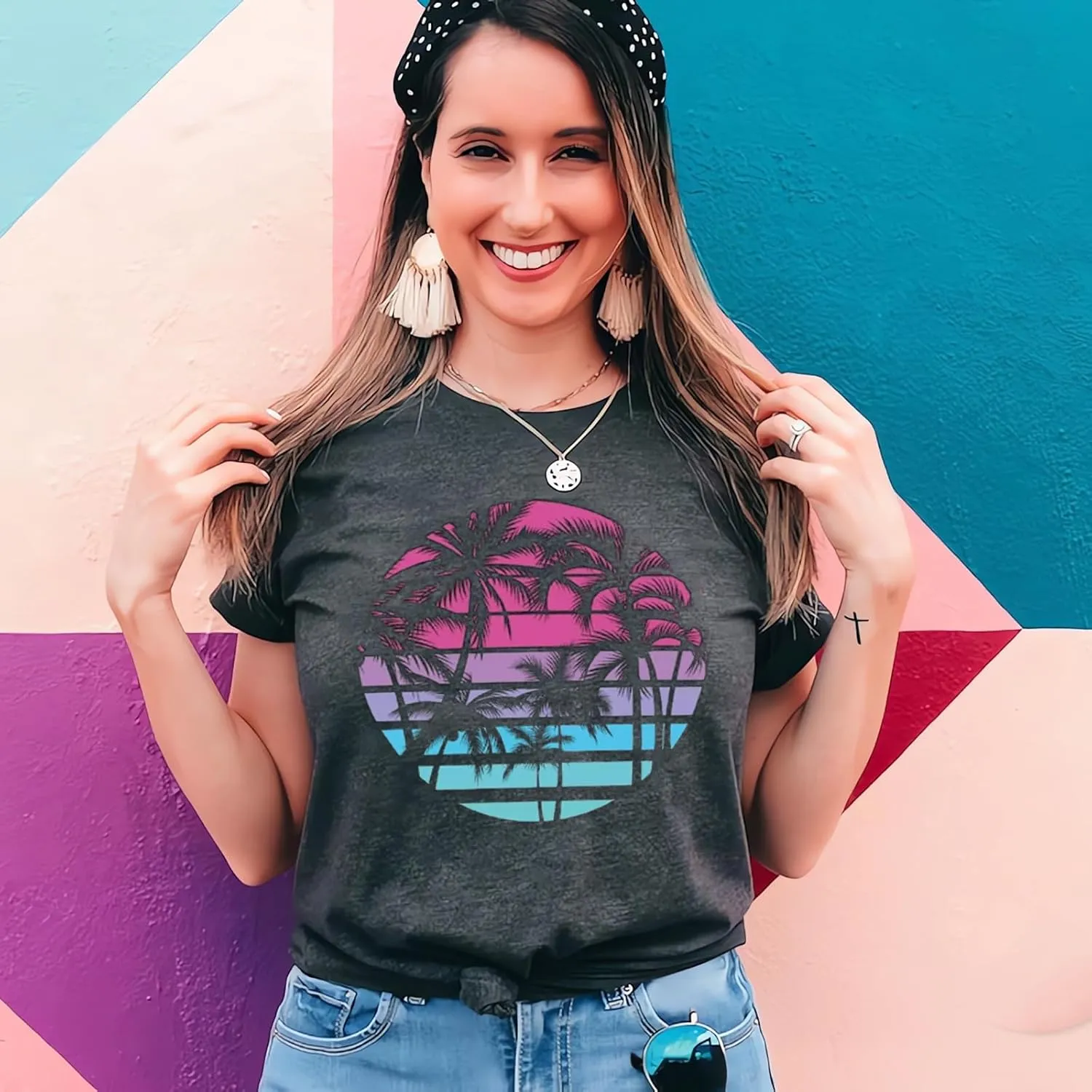 Hawaiian Shirts for Women Palm Trees Beach Graphic Tee Tops Summer Vacation Short Sleeve Tshirt Tops
