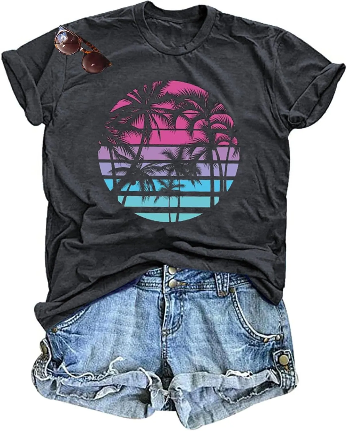 Hawaiian Shirts for Women Palm Trees Beach Graphic Tee Tops Summer Vacation Short Sleeve Tshirt Tops