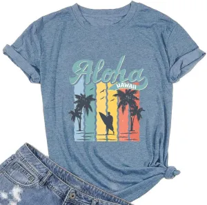 Hawaiian T Shirts for Women Aloha Hawaii Graphic Tshirt Fun Summer Vacation Beach Tee Top
