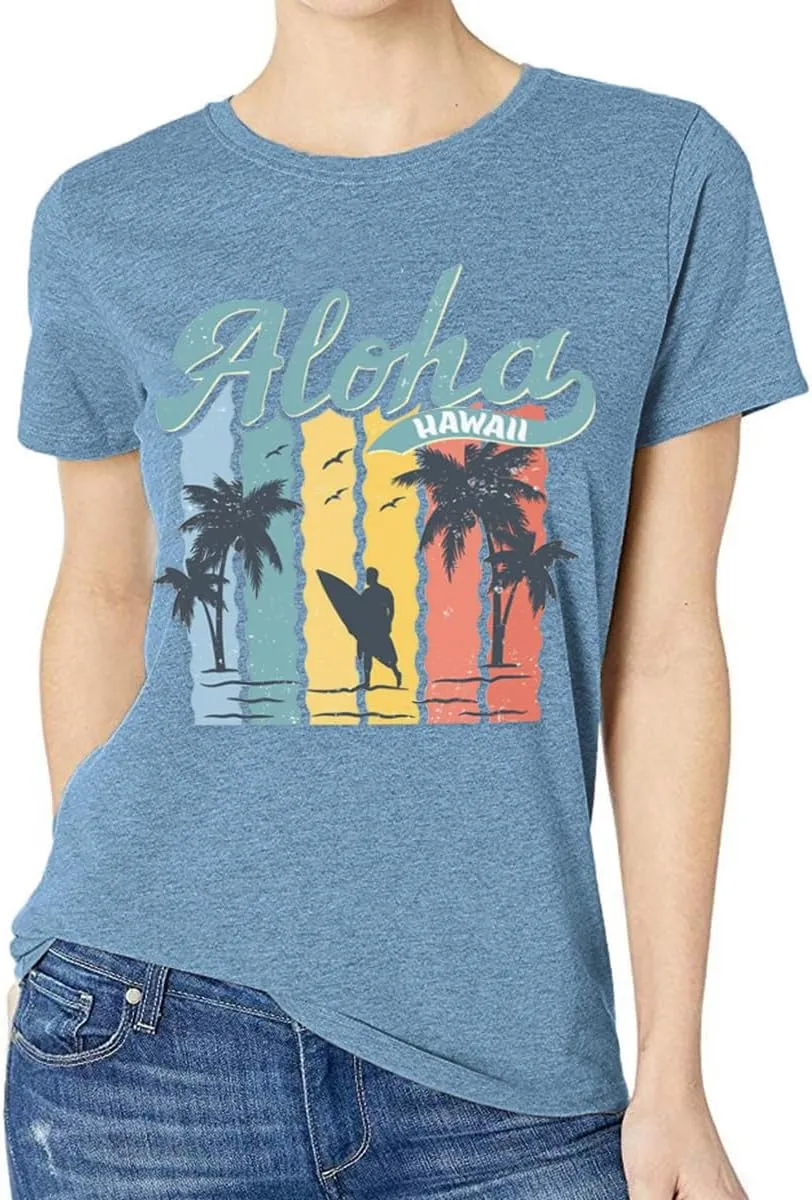 Hawaiian T Shirts for Women Aloha Hawaii Graphic Tshirt Fun Summer Vacation Beach Tee Top