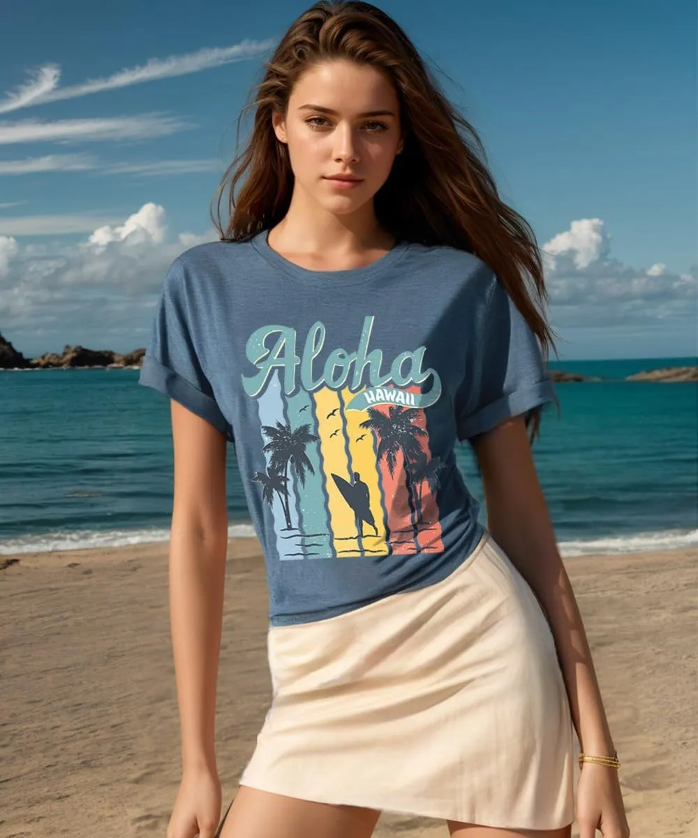 Hawaiian T Shirts for Women Aloha Hawaii Graphic Tshirt Fun Summer Vacation Beach Tee Top
