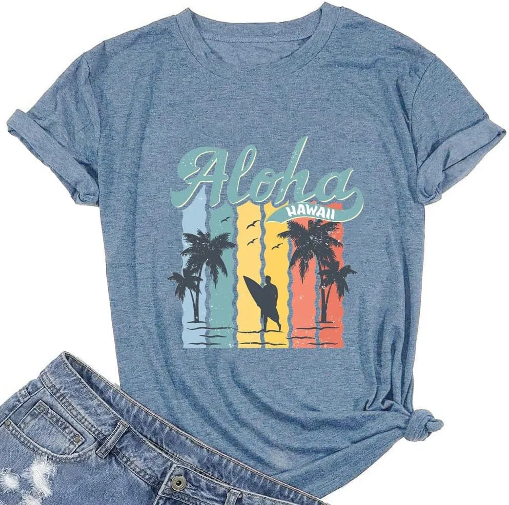 Hawaiian T Shirts for Women Aloha Hawaii Graphic Tshirt Fun Summer Vacation Beach Tee Top
