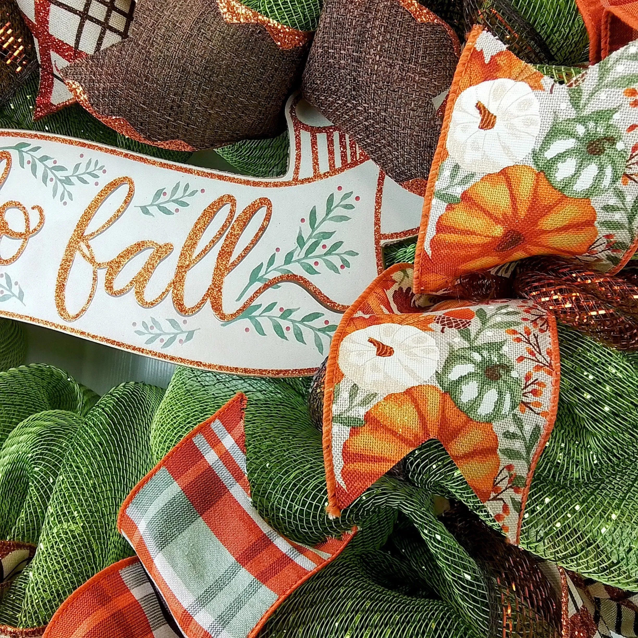 Hello Fall Welcome Autumn Thanksgiving Front Door Outdoor Mesh Wreath; Moss Green Orange Brown