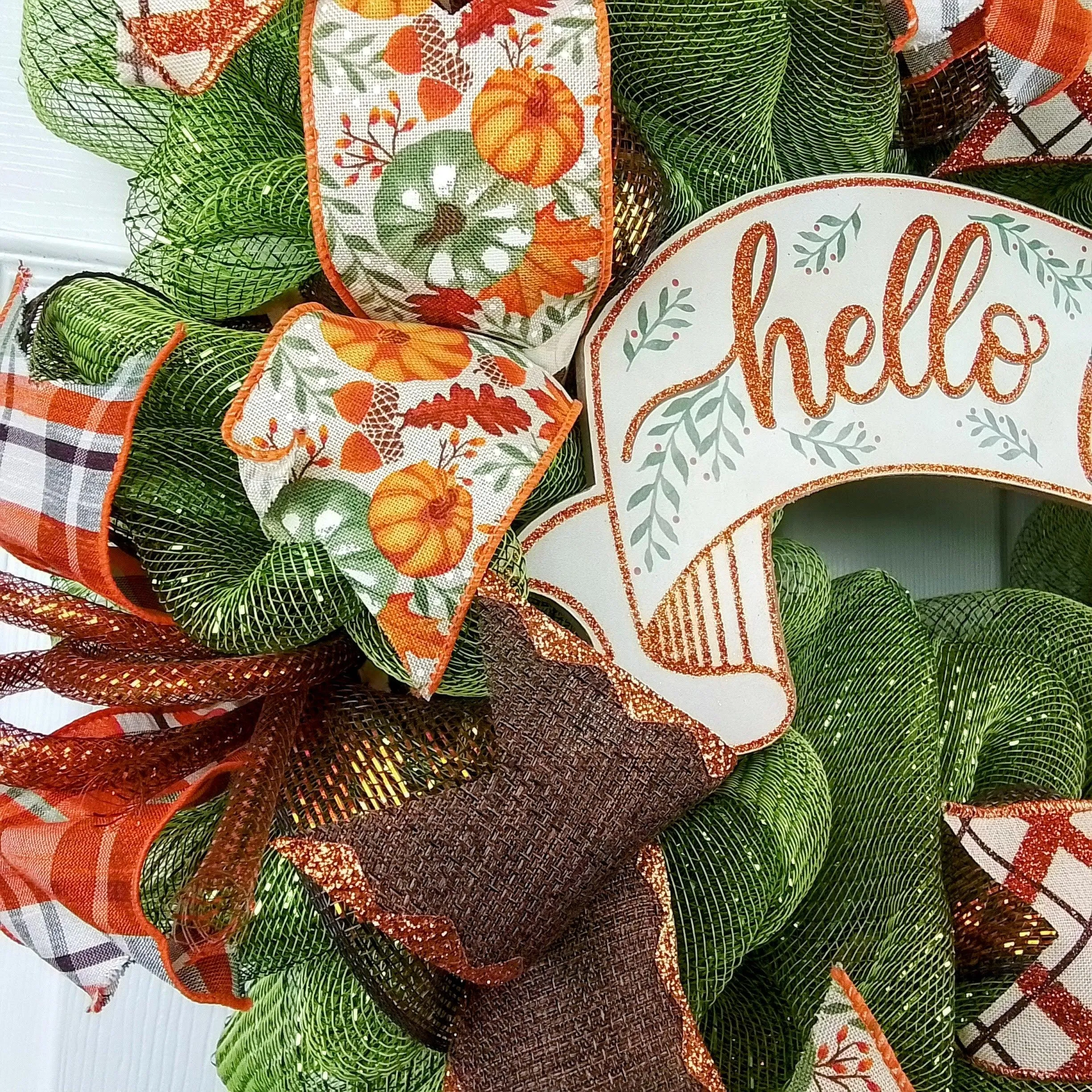 Hello Fall Welcome Autumn Thanksgiving Front Door Outdoor Mesh Wreath; Moss Green Orange Brown