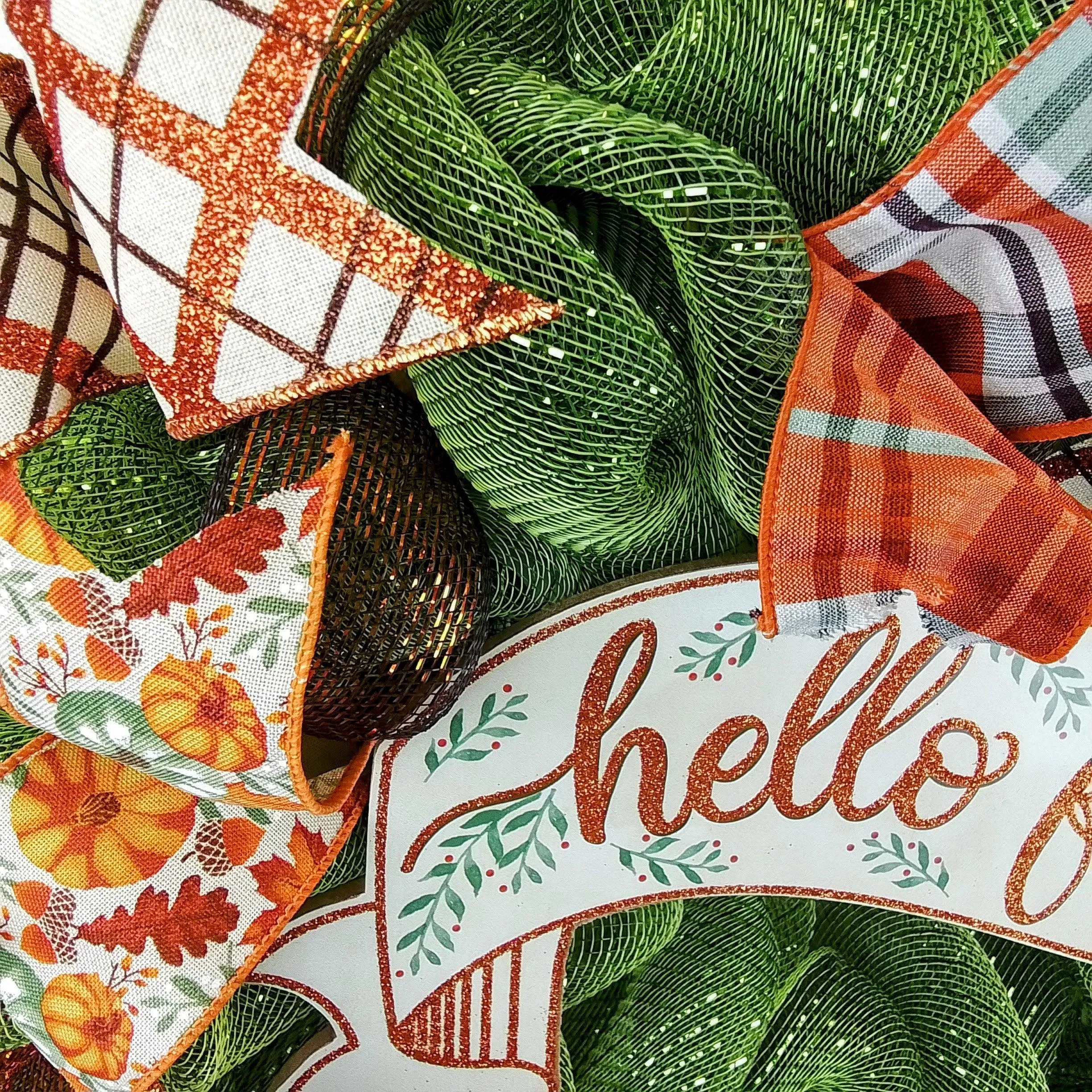 Hello Fall Welcome Autumn Thanksgiving Front Door Outdoor Mesh Wreath; Moss Green Orange Brown