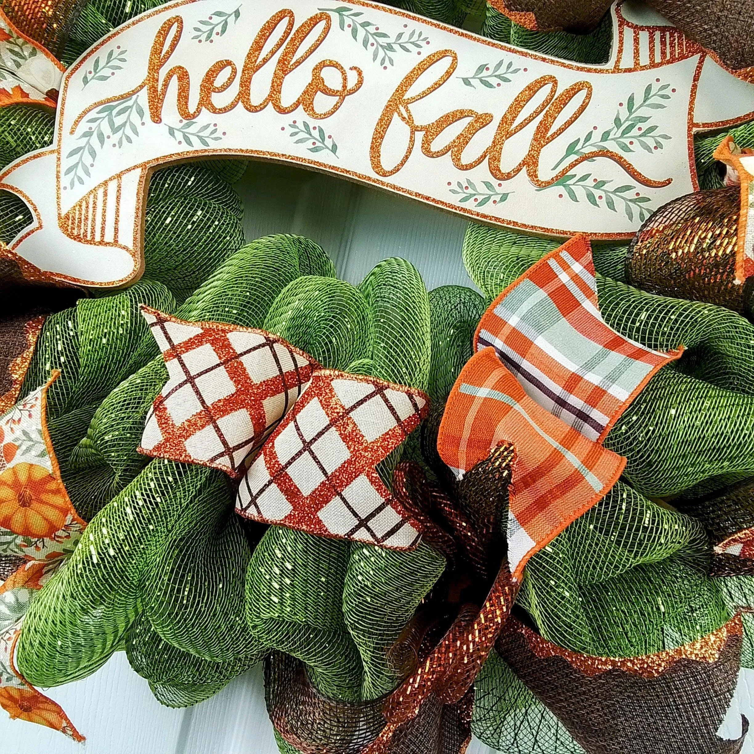 Hello Fall Welcome Autumn Thanksgiving Front Door Outdoor Mesh Wreath; Moss Green Orange Brown
