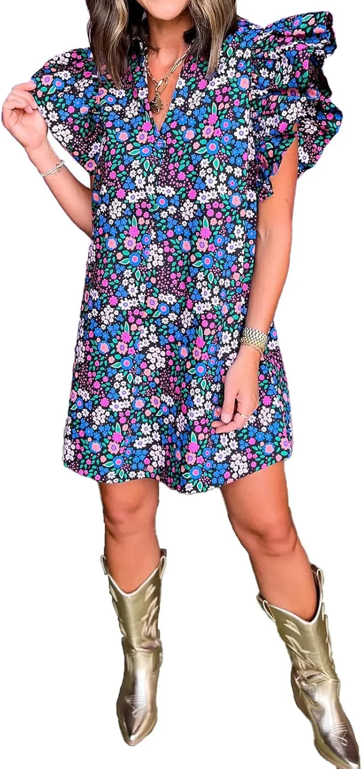 hibshaby Women's Floral Babydoll Mini Dress V-Neck Ruffle Sleeve Cute Dress Sundress