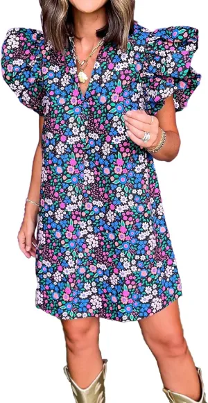 hibshaby Women's Floral Babydoll Mini Dress V-Neck Ruffle Sleeve Cute Dress Sundress