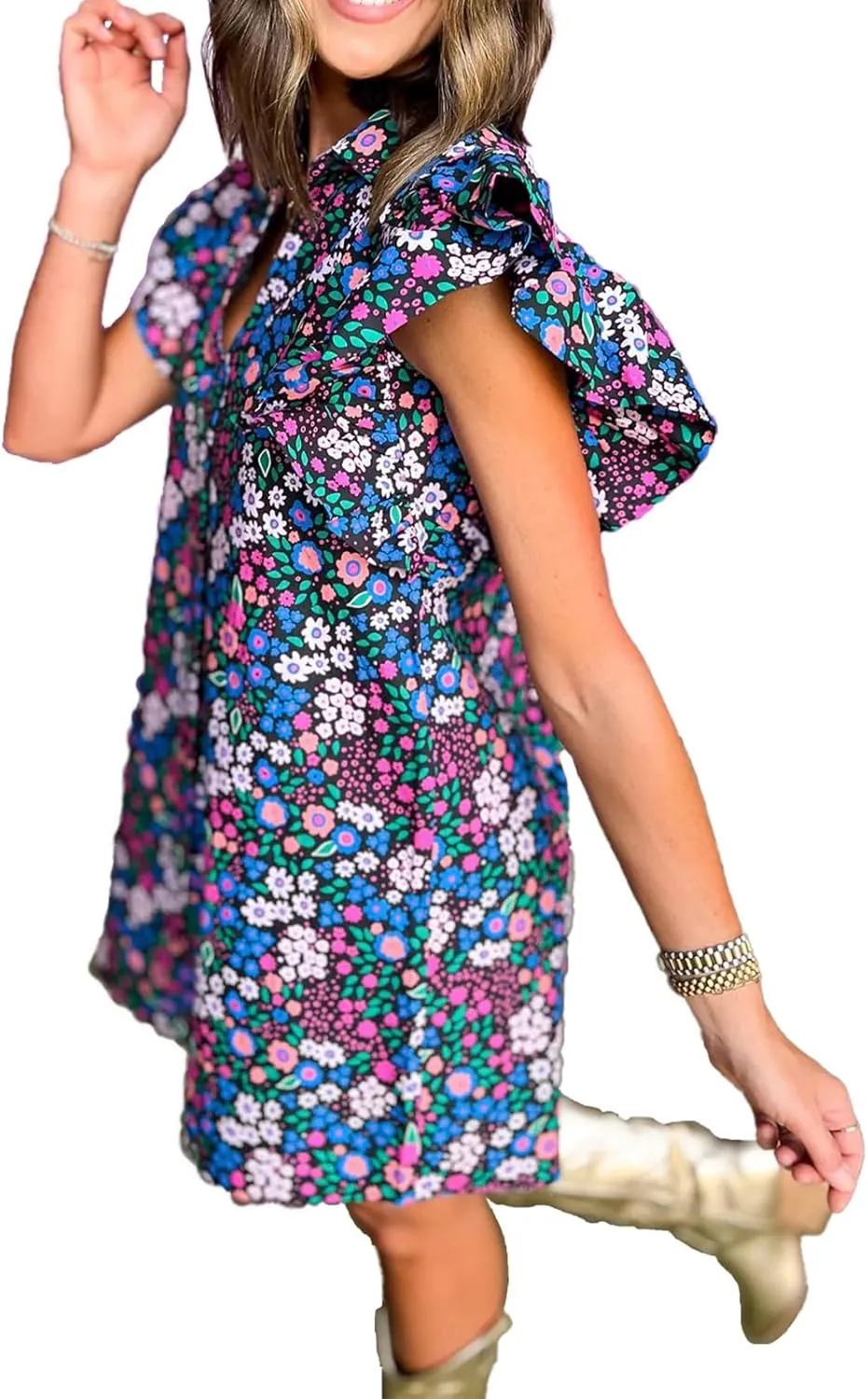 hibshaby Women's Floral Babydoll Mini Dress V-Neck Ruffle Sleeve Cute Dress Sundress