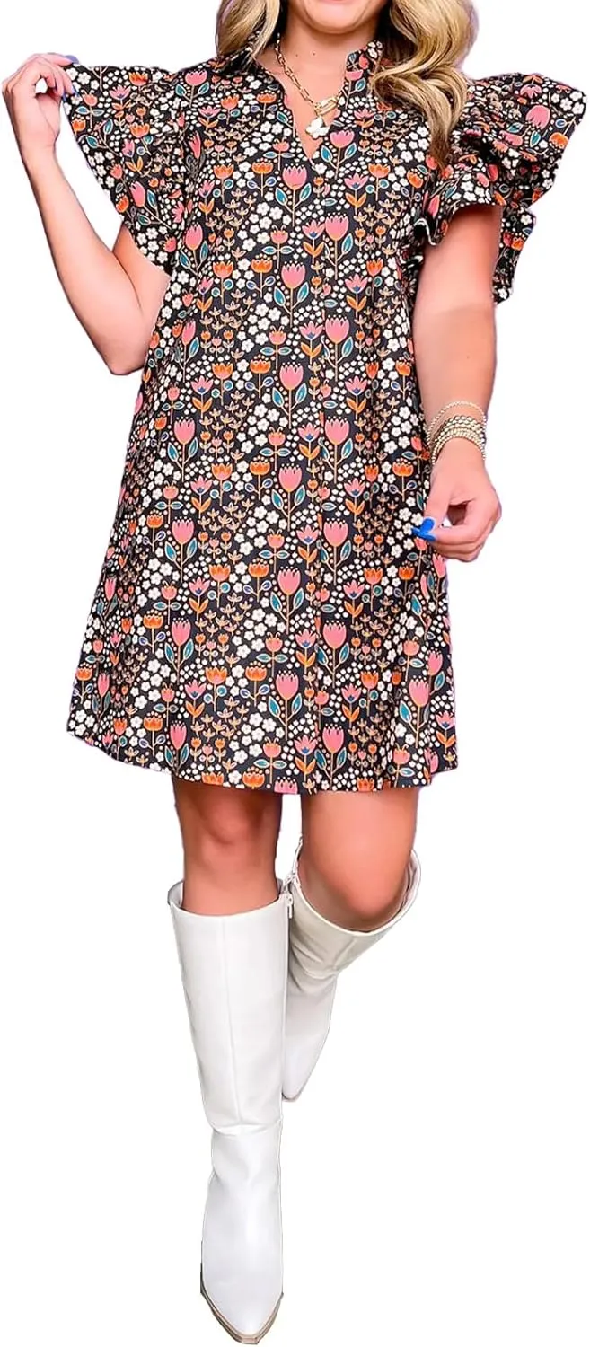 hibshaby Women's Floral Babydoll Mini Dress V-Neck Ruffle Sleeve Cute Dress Sundress