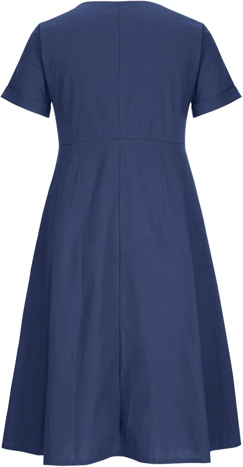 hlysgo Plus Size Shirt Dresses for Women Cotton Linen Summer Dress with Pockets Short Sleeve V Neck Casual Midi Dress