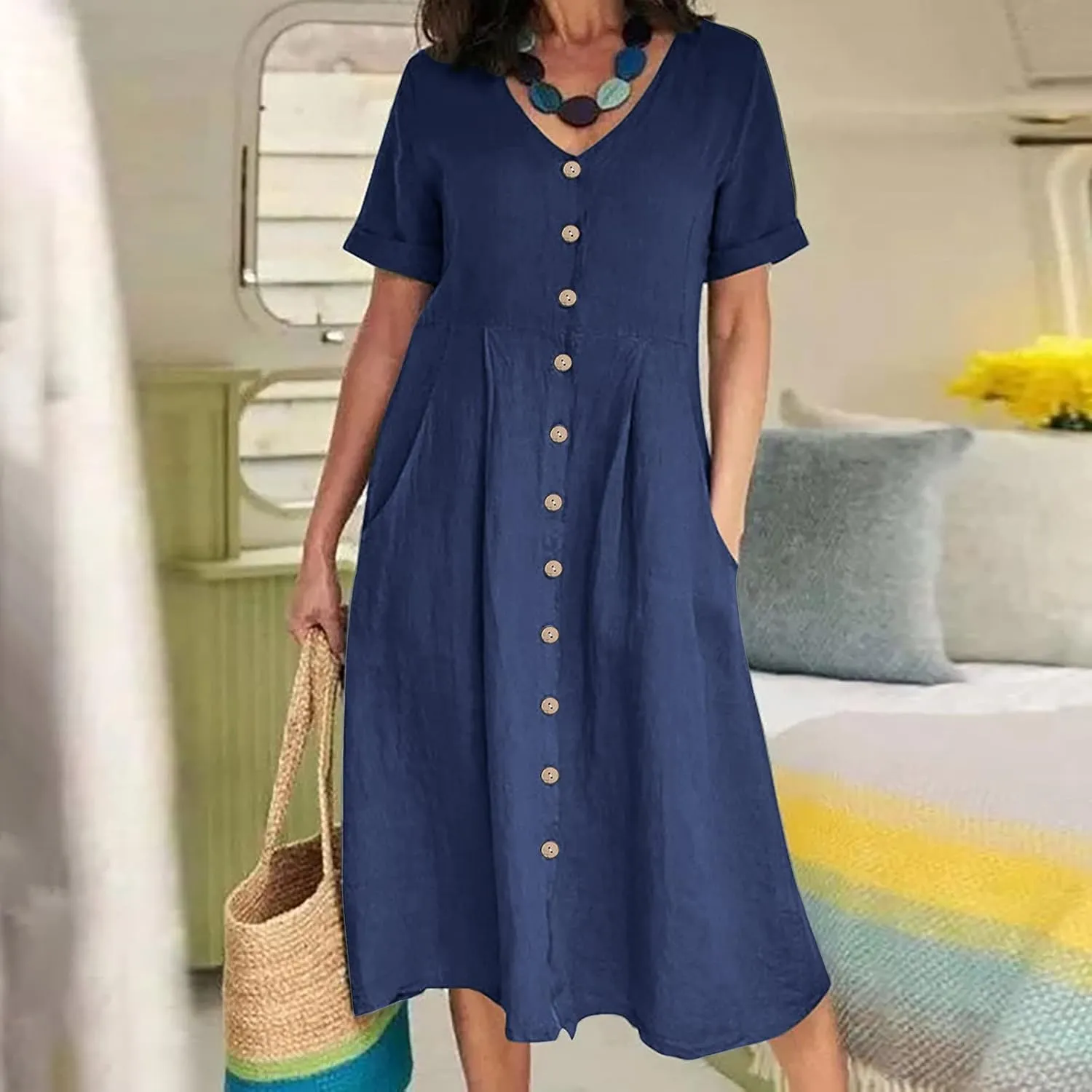 hlysgo Plus Size Shirt Dresses for Women Cotton Linen Summer Dress with Pockets Short Sleeve V Neck Casual Midi Dress