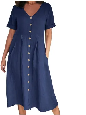 hlysgo Plus Size Shirt Dresses for Women Cotton Linen Summer Dress with Pockets Short Sleeve V Neck Casual Midi Dress
