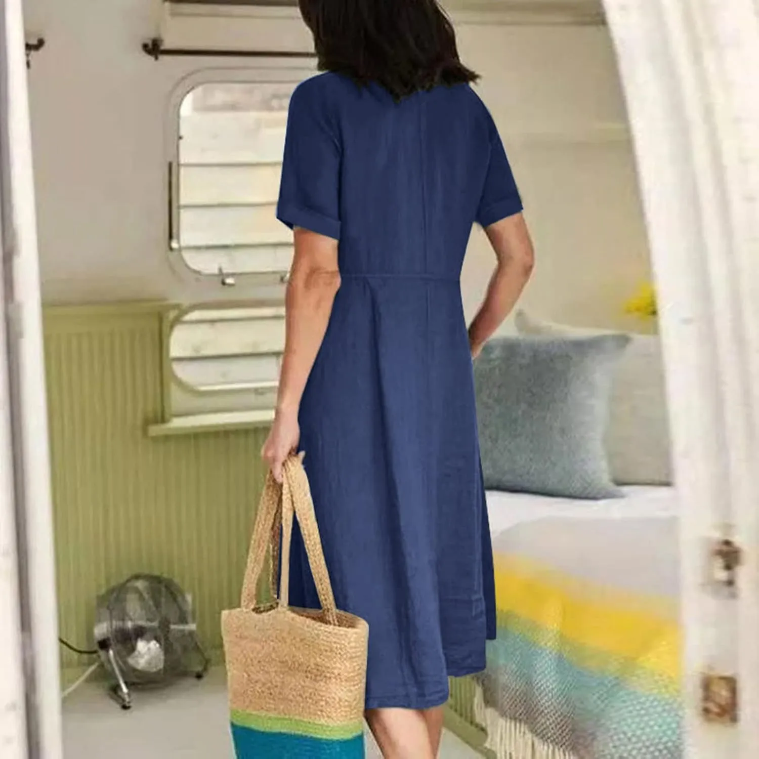 hlysgo Plus Size Shirt Dresses for Women Cotton Linen Summer Dress with Pockets Short Sleeve V Neck Casual Midi Dress
