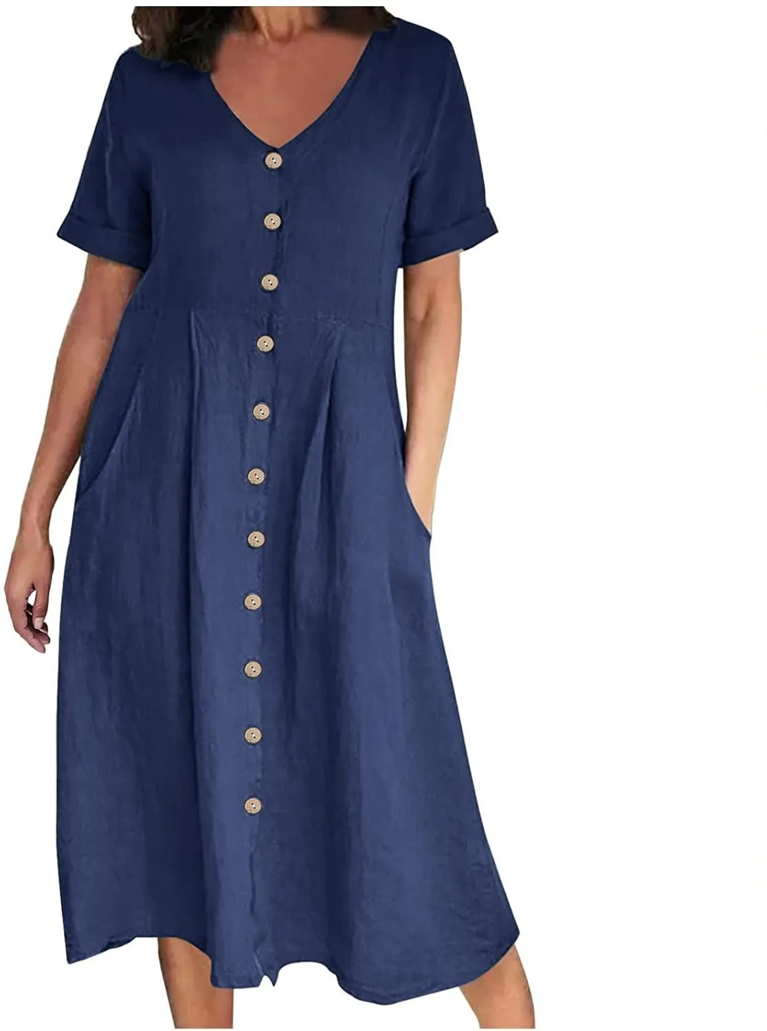 hlysgo Plus Size Shirt Dresses for Women Cotton Linen Summer Dress with Pockets Short Sleeve V Neck Casual Midi Dress